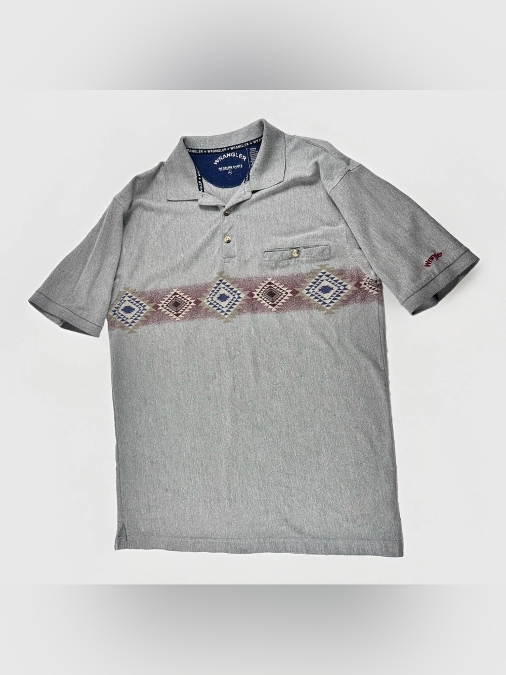 Vintage 90s Wrangler Mens XL Gray Aztec Southwest Western Polo Shirt Cotton